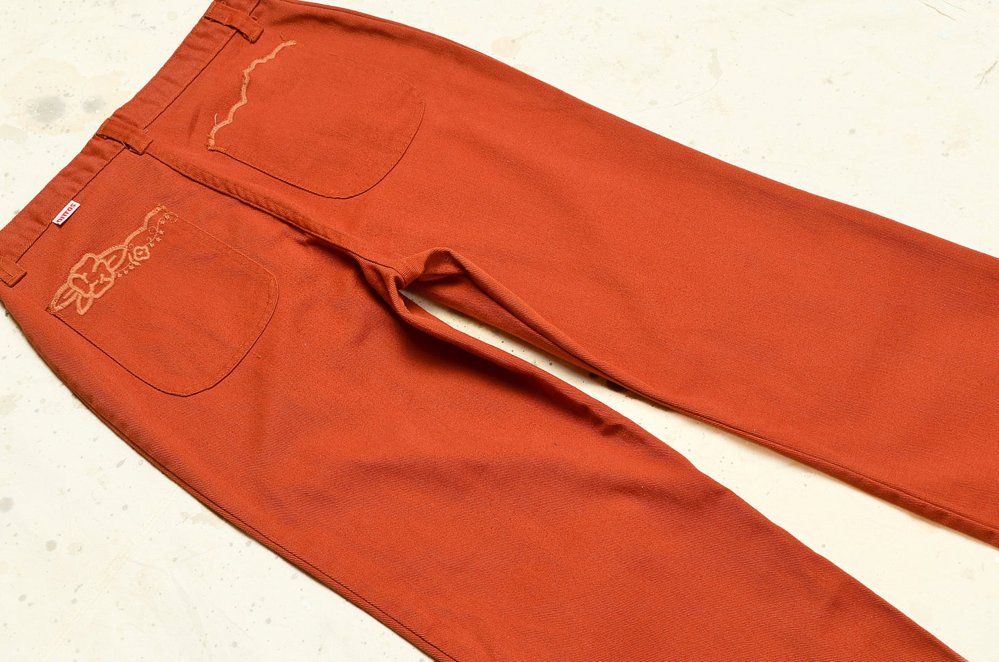 1970s Rust Orange Embroidered Pockets High Waisted Bell Bottoms 28 x 29