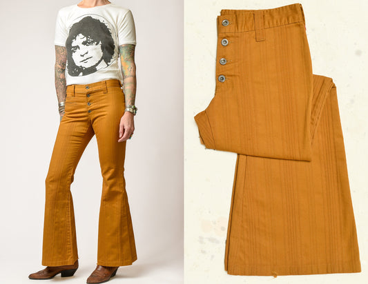 1970s Mustard Yellow Hip Huggers Flared Knit Beatnik Belled Pants 29 x 30