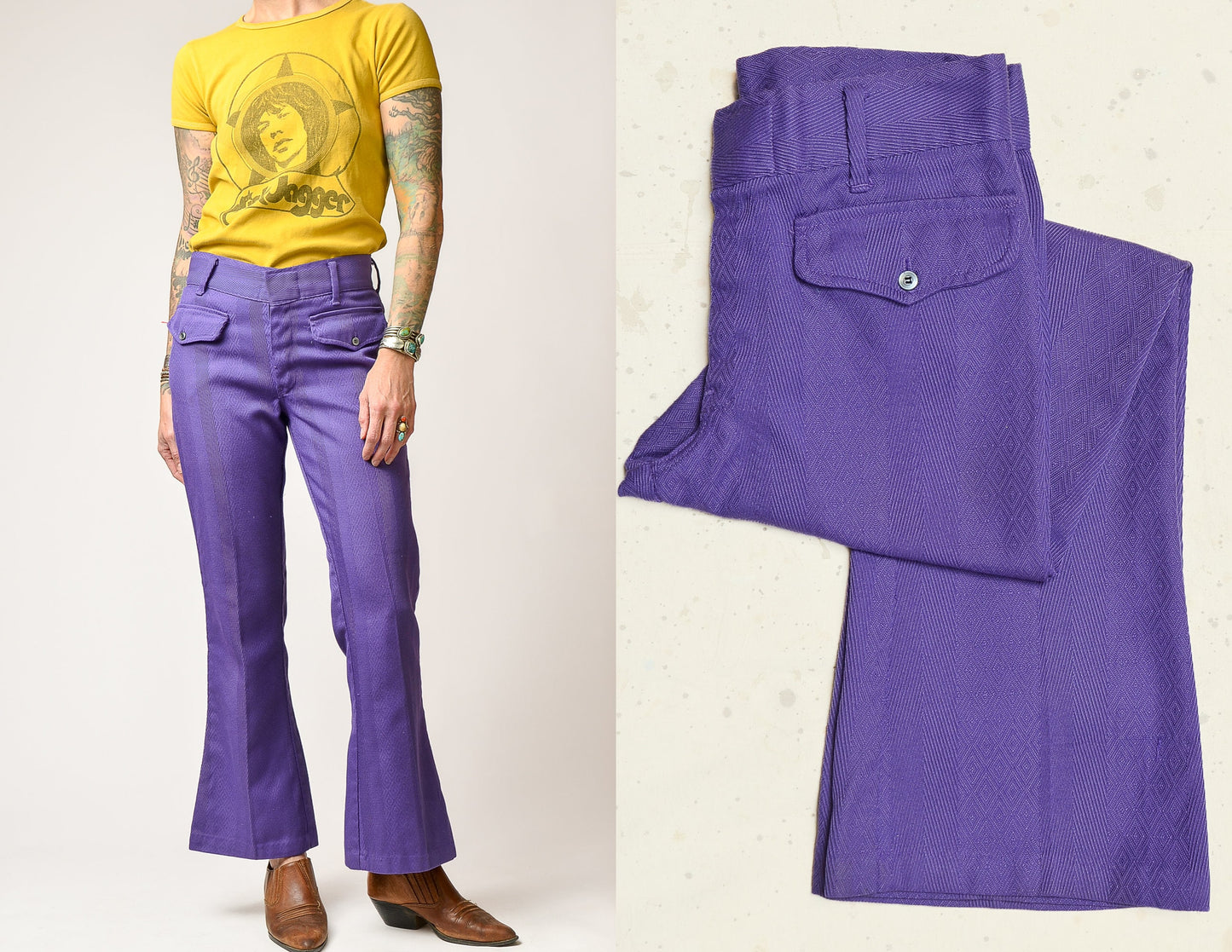 1970s Jacquard Knit Purple Mod Flared Hippie Pants 29 x 28