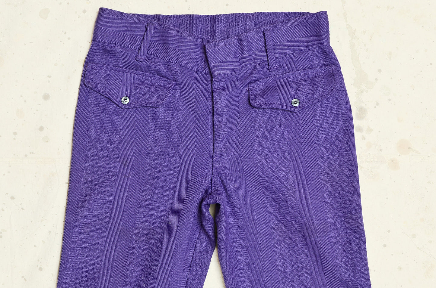 1970s Jacquard Knit Purple Mod Flared Hippie Pants 29 x 28