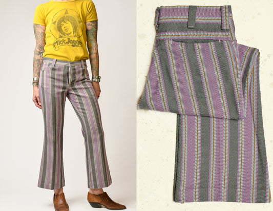 1970s Jacquard Knit Purple Stripe Mod Flared Hippie Pants 30 x 27