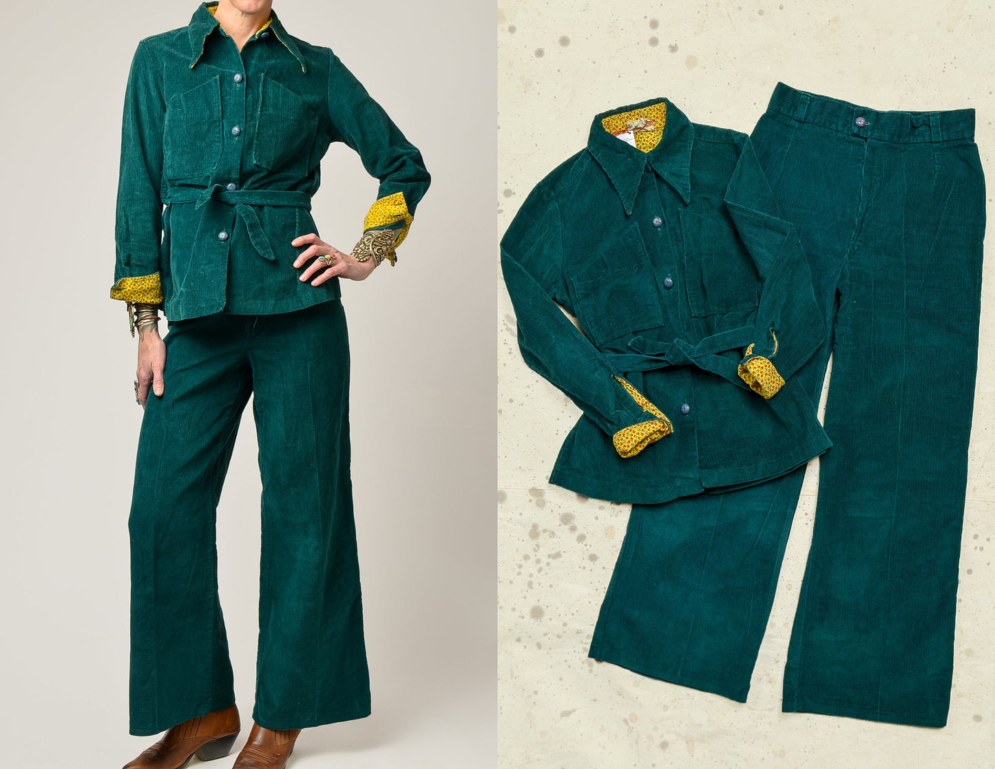 1970s Corduroy Hippie Set Two Piece Bell Bottom Charlies Girls High Waisted Flares & Jacket