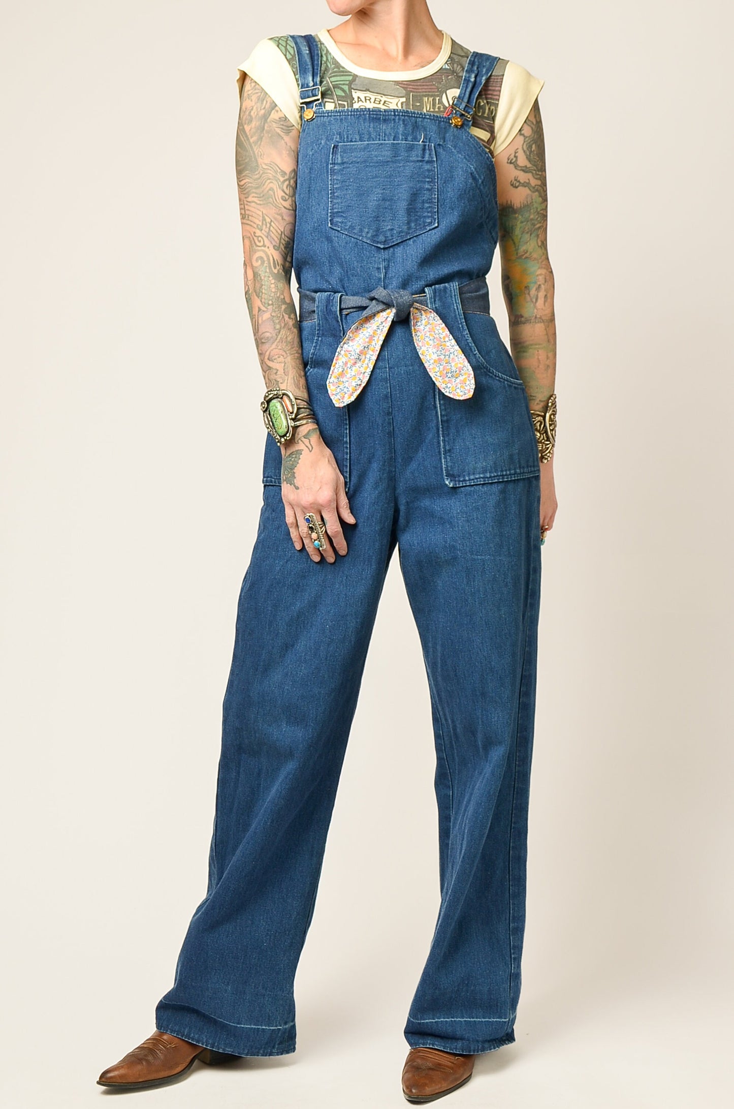 1970s Denim Jumpsuit Denim with Floral Cotton Tie Front Bell Bottom Bohemian Jumpsuit