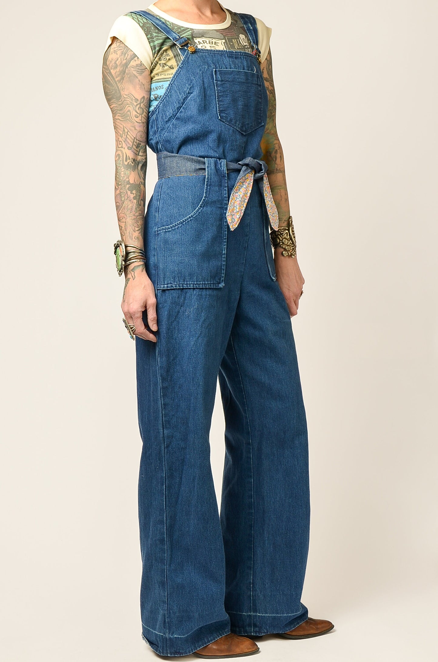 1970s Denim Jumpsuit Denim with Floral Cotton Tie Front Bell Bottom Bohemian Jumpsuit