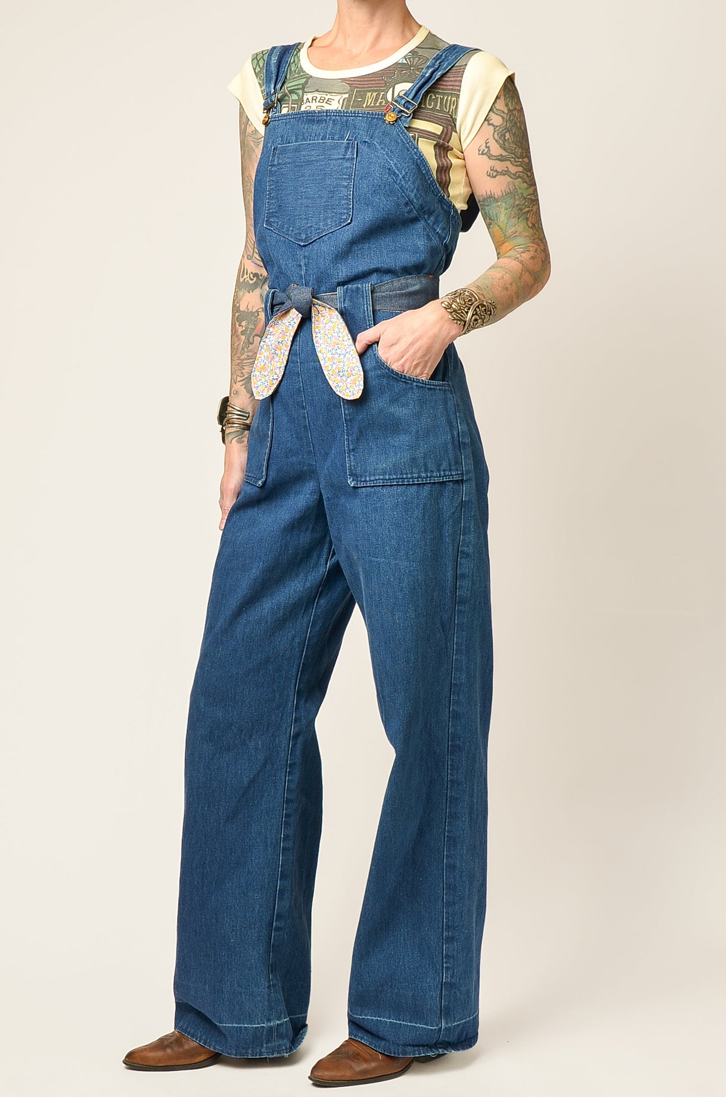 1970s Denim Jumpsuit Denim with Floral Cotton Tie Front Bell Bottom Bohemian Jumpsuit