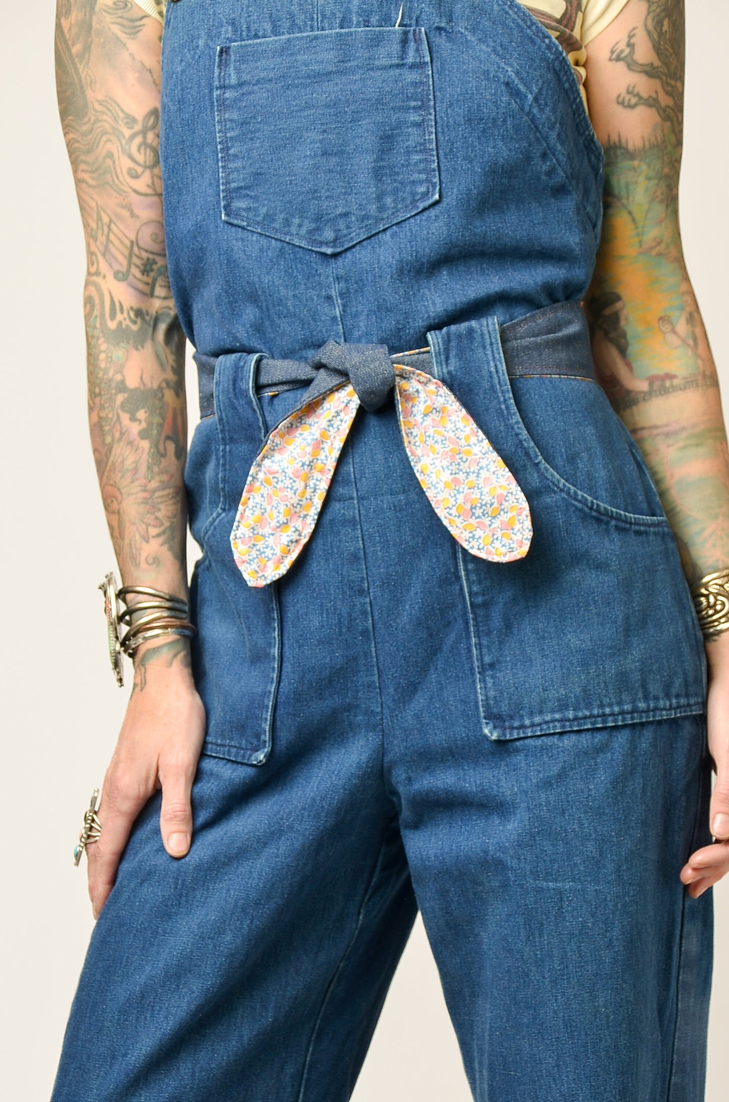 1970s Denim Jumpsuit Denim with Floral Cotton Tie Front Bell Bottom Bohemian Jumpsuit