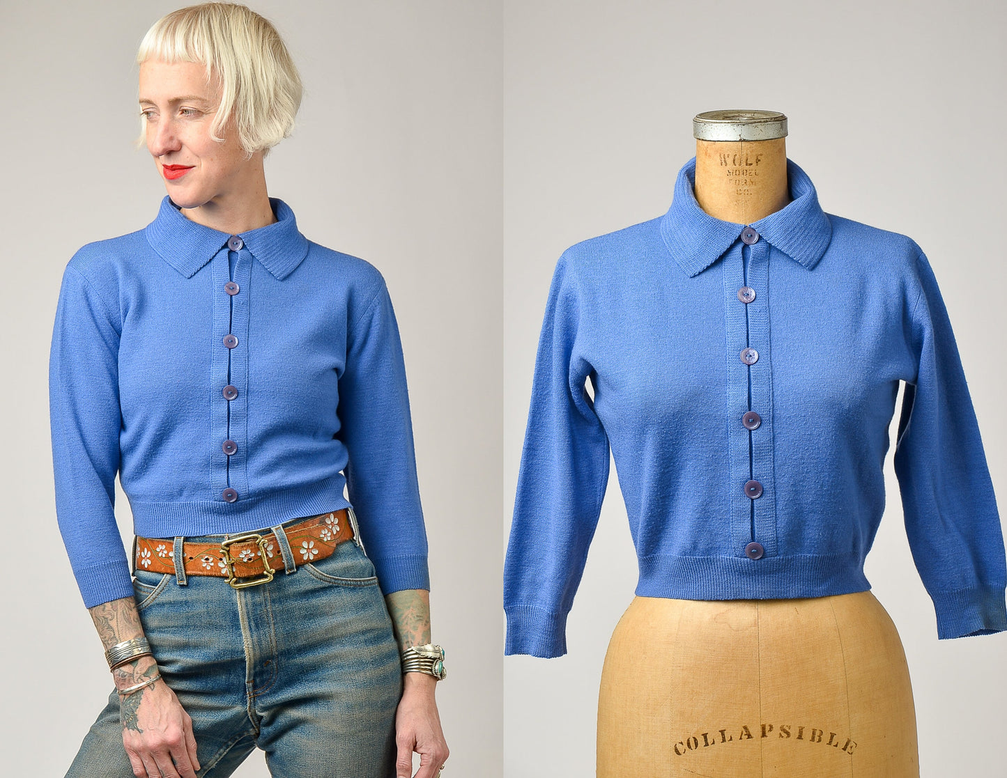 1950s Jantzen Blue Knit Mid Century Rockabilly Crop Sweater