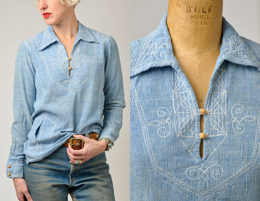 1960s Indian Cotton Chambray Embroidered Bohemian Wood Button Festival Shirt