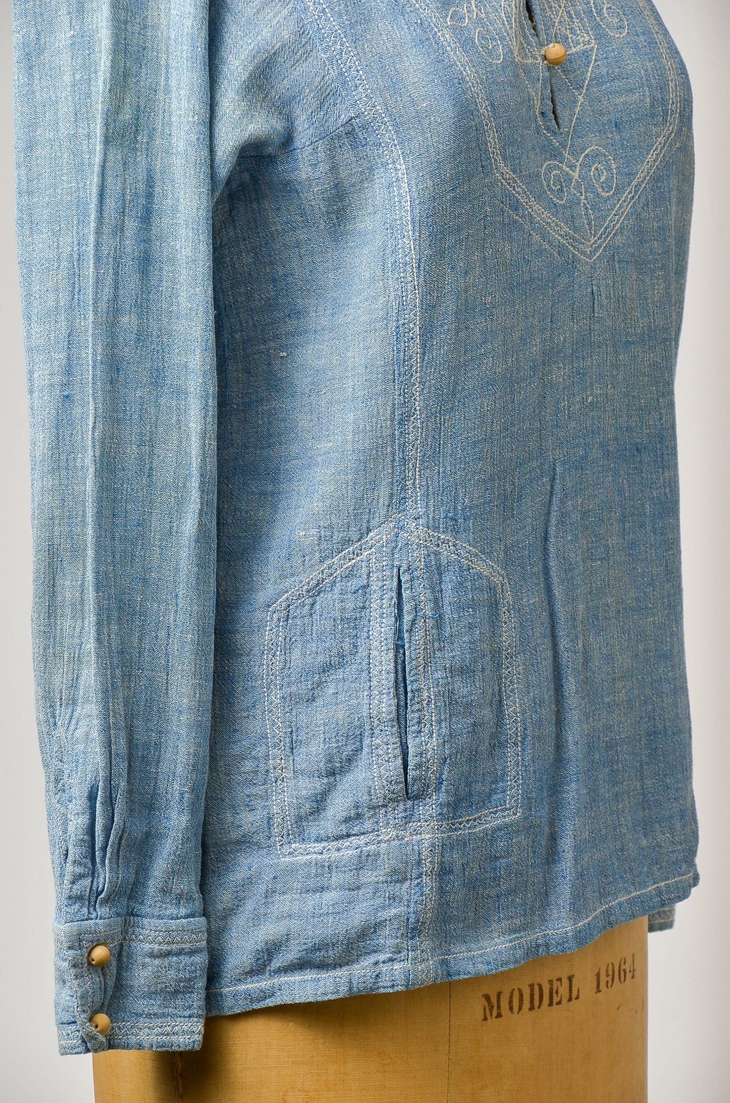 1960s Indian Cotton Chambray Embroidered Bohemian Wood Button Festival Shirt