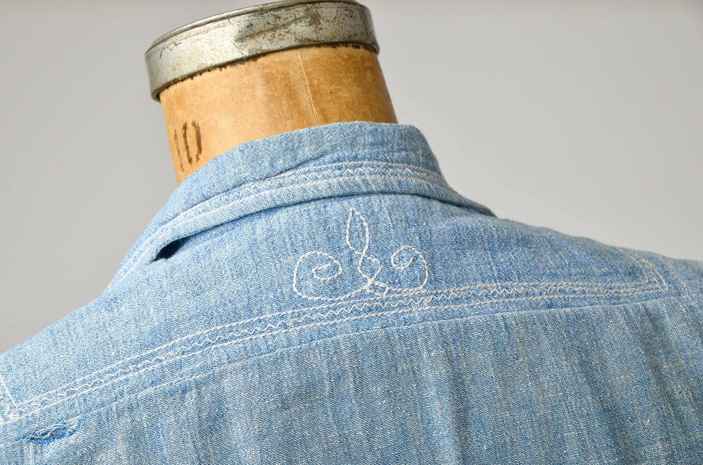 1960s Indian Cotton Chambray Embroidered Bohemian Wood Button Festival Shirt