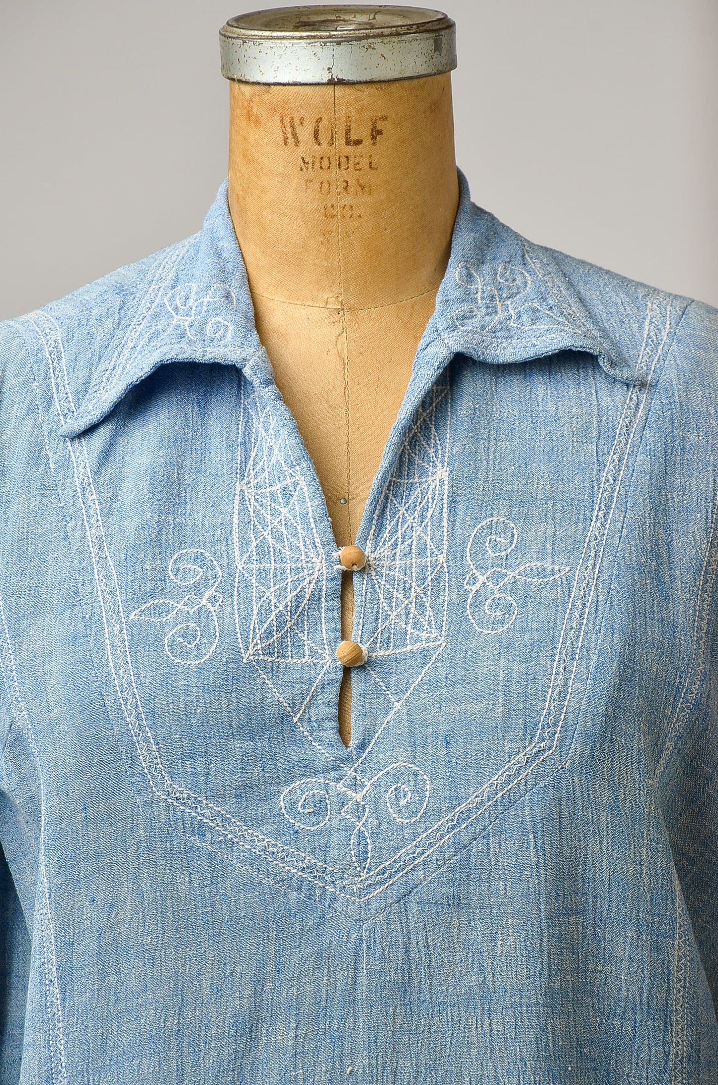 1960s Indian Cotton Chambray Embroidered Bohemian Wood Button Festival Shirt