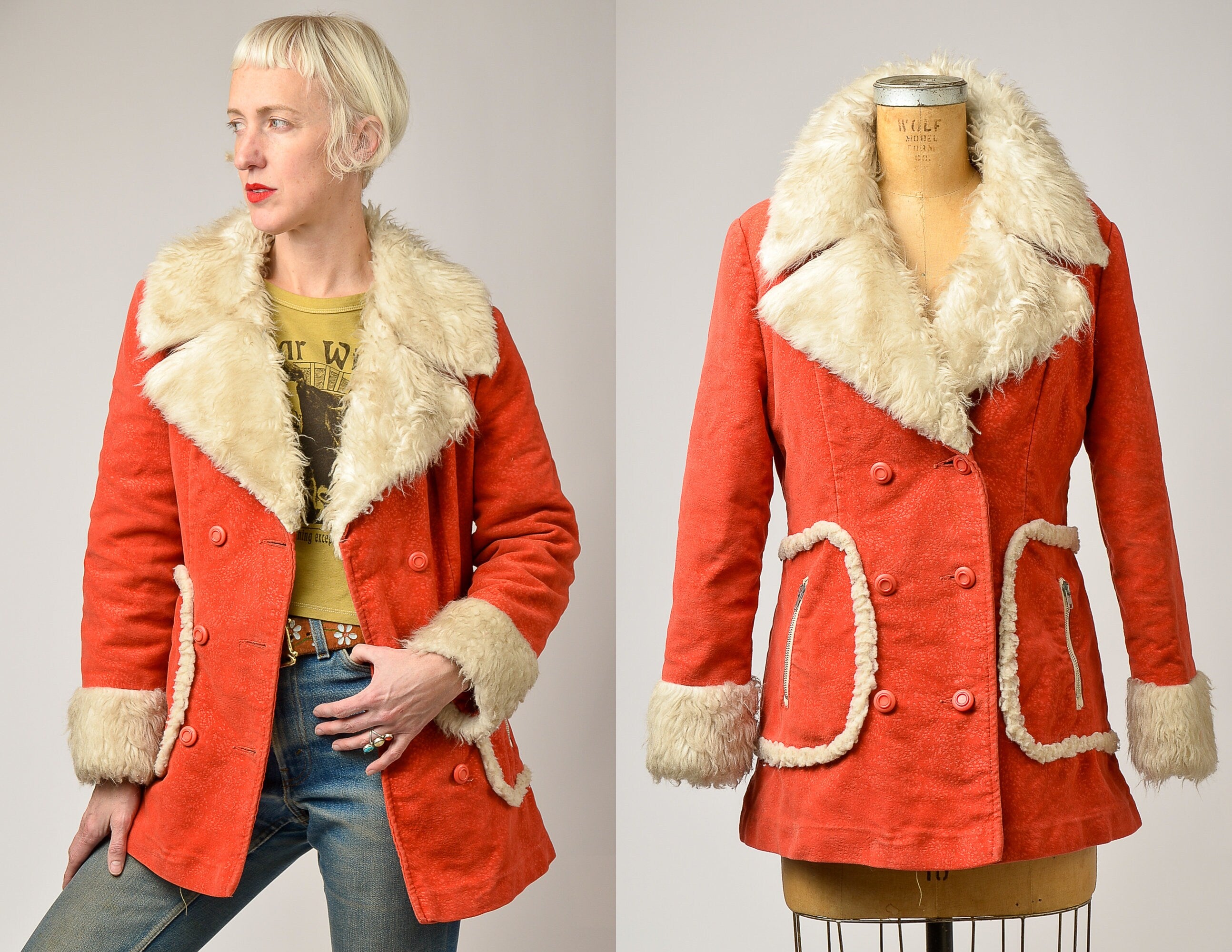 Vintage on sale 1970s Penny Lane Faux Fur hippie mod Coat