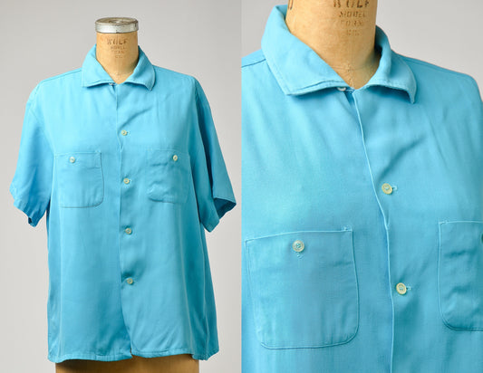 1950s Bowling Shirt Sky Blue Rayon Penney's Towncraft Bowler Shirt