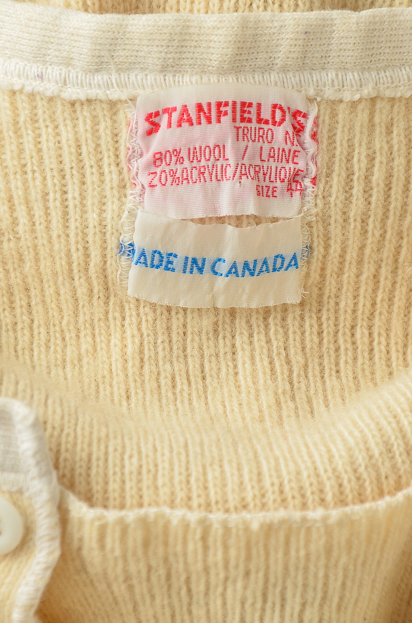 Vintage Stanfields Wool Henley Made in Canada Ivory Wool Rib Knit