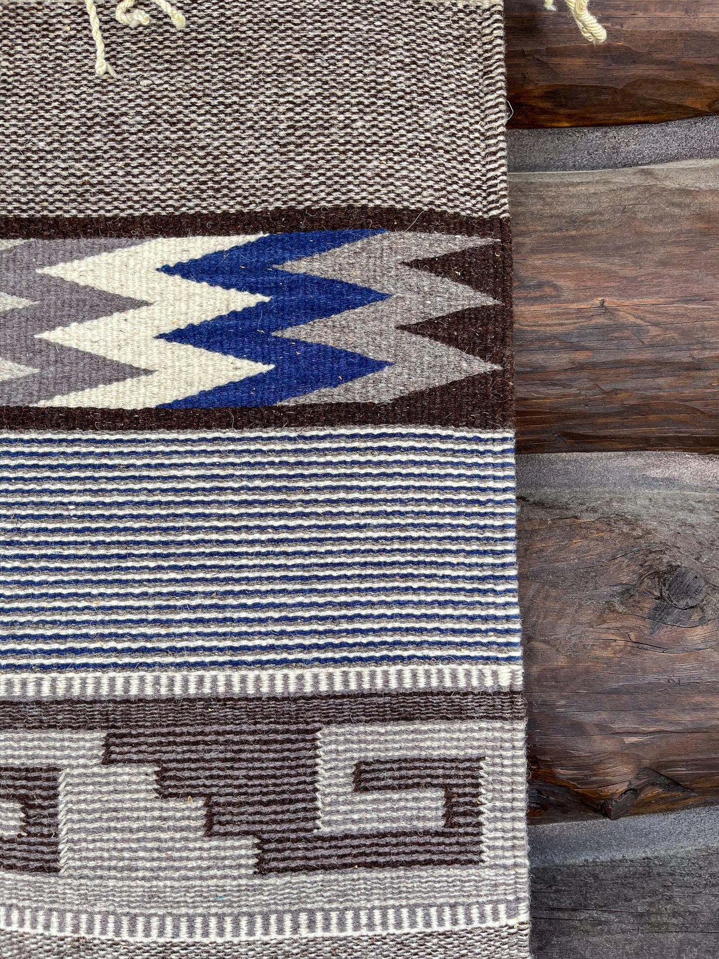 Vintage Handwoven Rug Oaxacan Handmade Brown & Blue Wool Woven Area Rug 62" x 30"