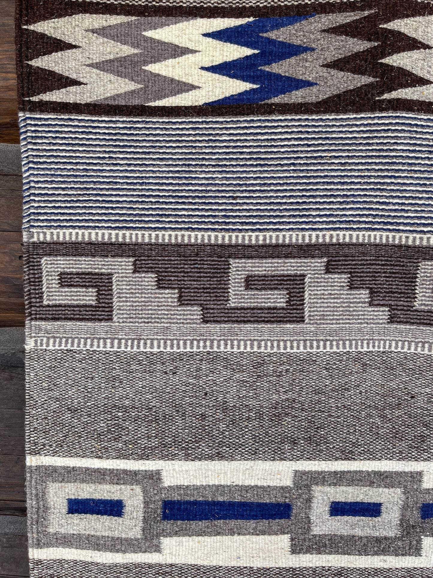 Vintage Handwoven Rug Oaxacan Handmade Brown & Blue Wool Woven Area Rug 62" x 30"