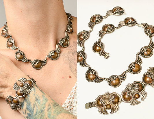 1940s Margot de Taxco Style Winged Dome Sterling Silver and Copper Repoussé TAXCO 980 Necklace and Bracelet Set