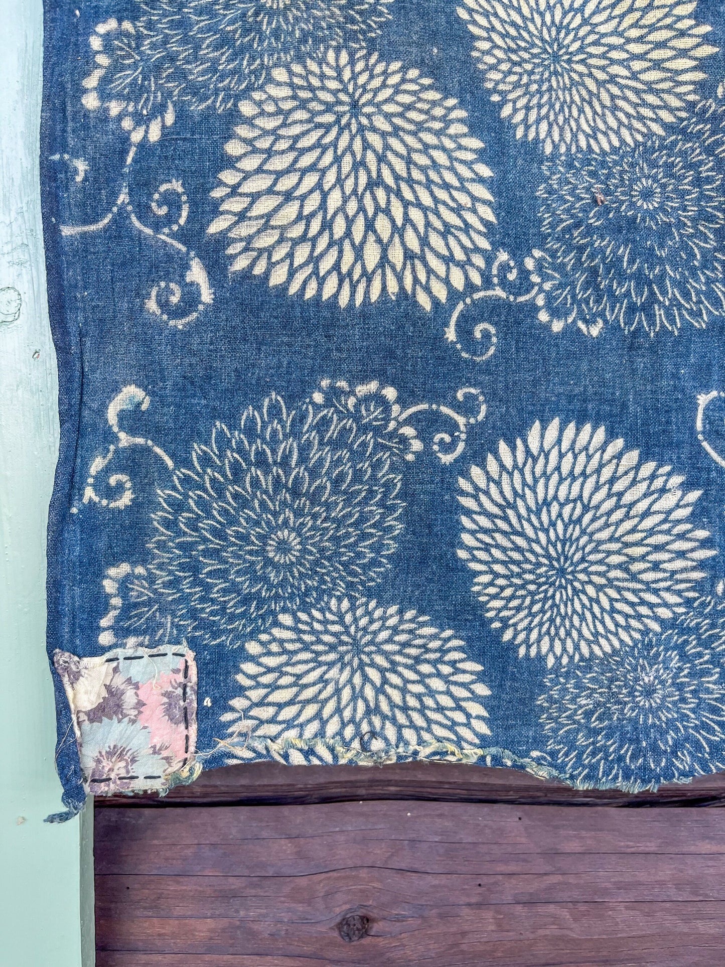 Antique Japanese Indigo Chrysanthemum Pattern Boro Hand Dyed Textile 58 x 52