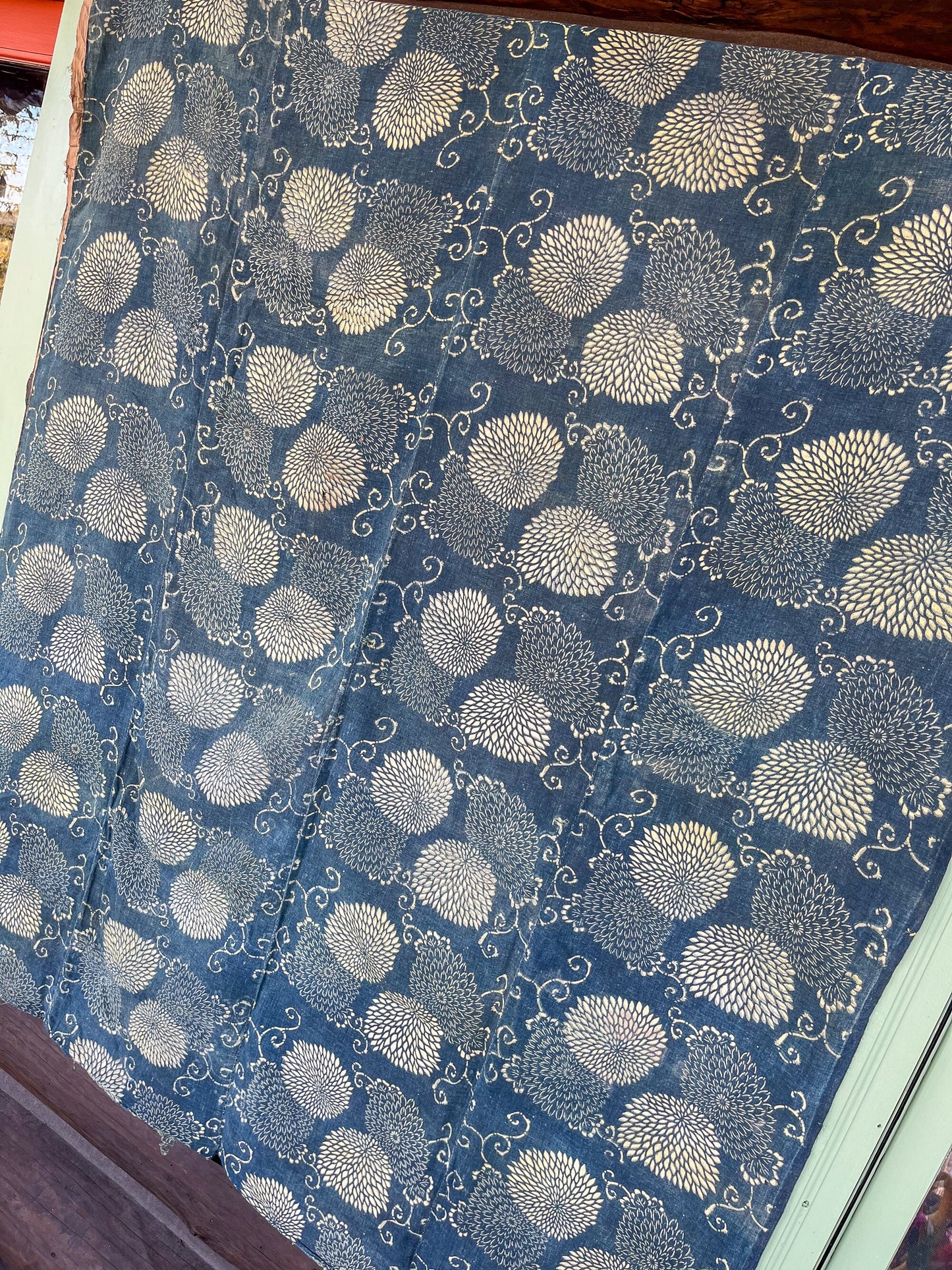 Antique Japanese Indigo Chrysanthemum Pattern Boro Hand Dyed Textile 58 x 52