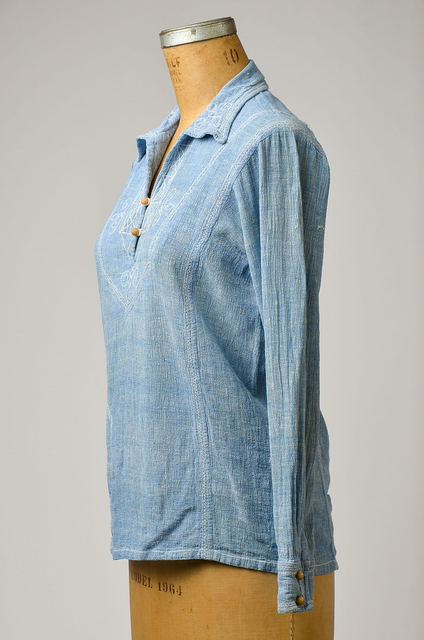 1960s Indian Cotton Chambray Embroidered Bohemian Wood Button Festival Shirt