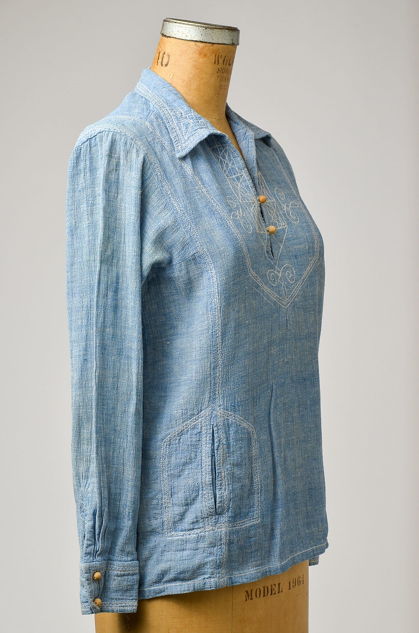 1960s Indian Cotton Chambray Embroidered Bohemian Wood Button Festival Shirt