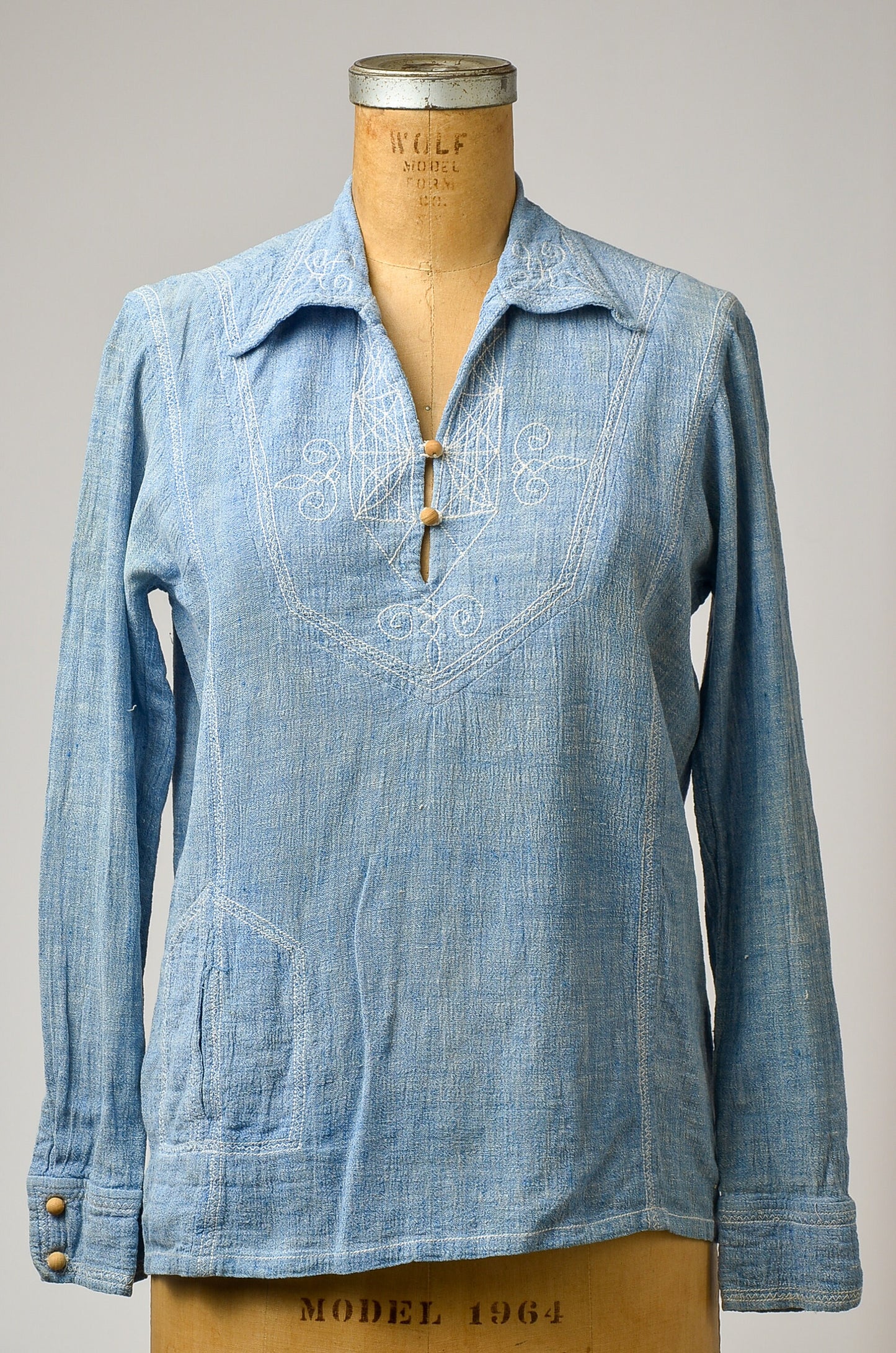 1960s Indian Cotton Chambray Embroidered Bohemian Wood Button Festival Shirt