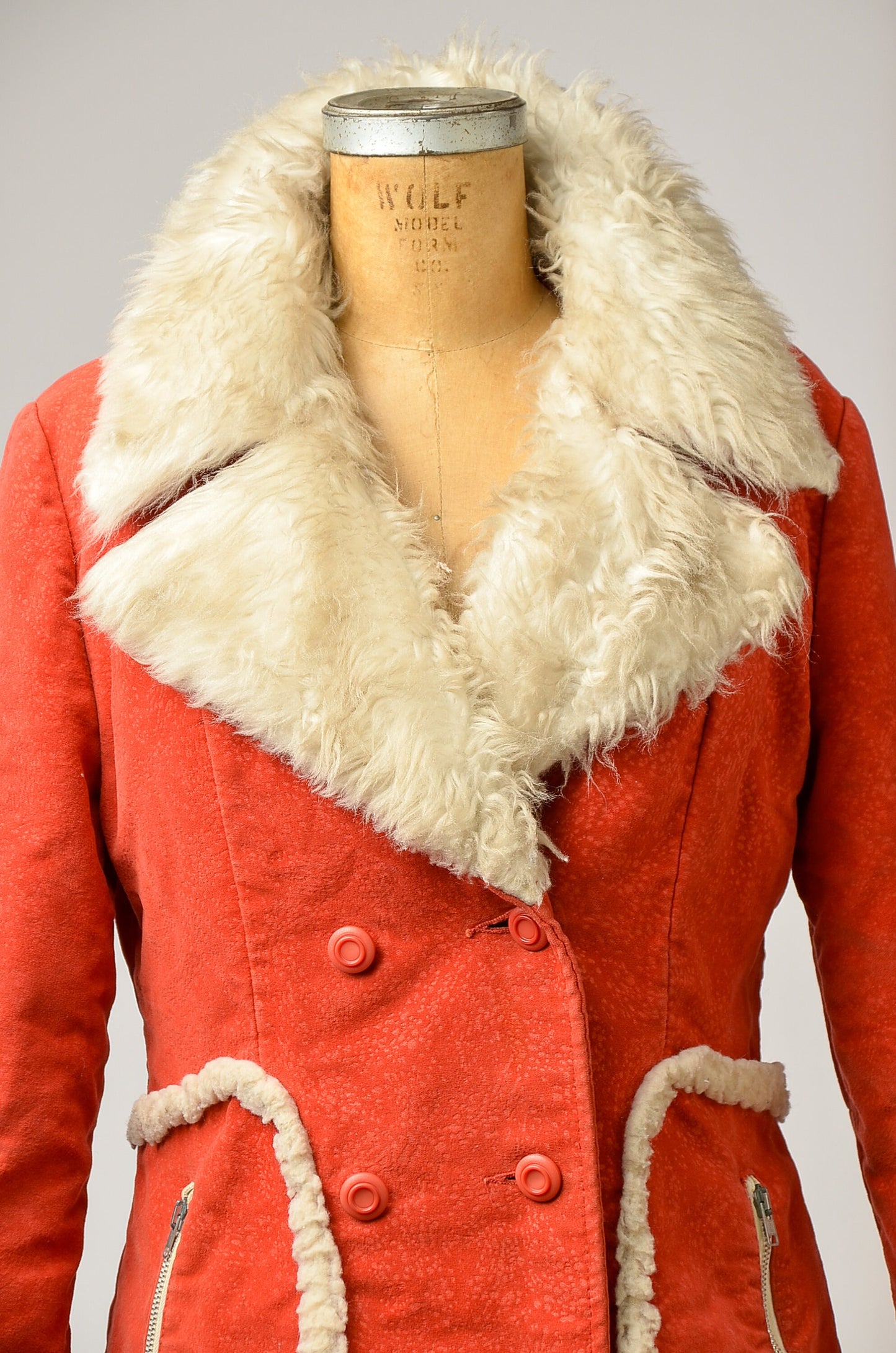 1970s Rust Orange Penny Lane Coat Faux Fur Mid Length Hippie Jacket