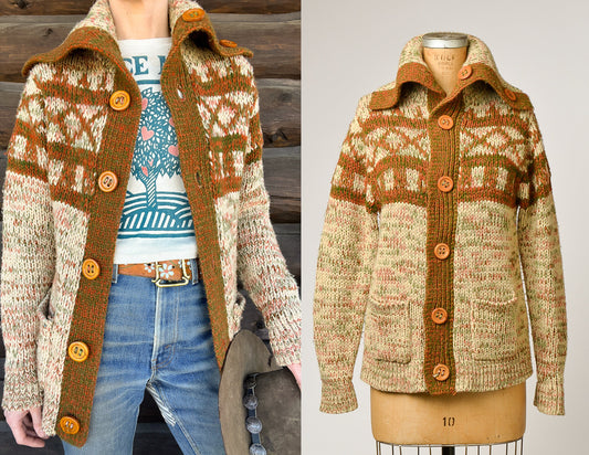 1970s Chunky Knit Sweater Big Wood Button Shawl Collar Hippie Cardigan Sweater