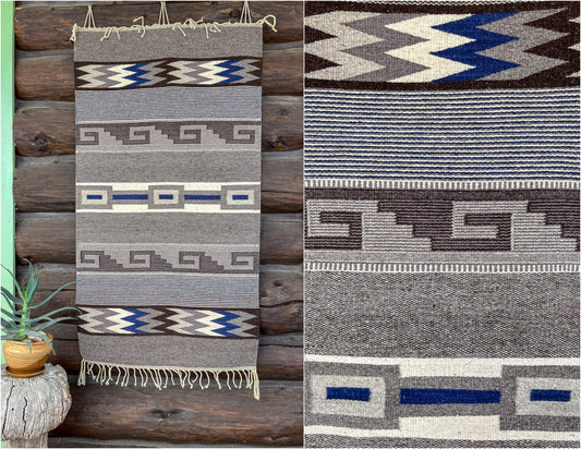 Vintage Handwoven Rug Oaxacan Handmade Brown & Blue Wool Woven Area Rug 62" x 30"