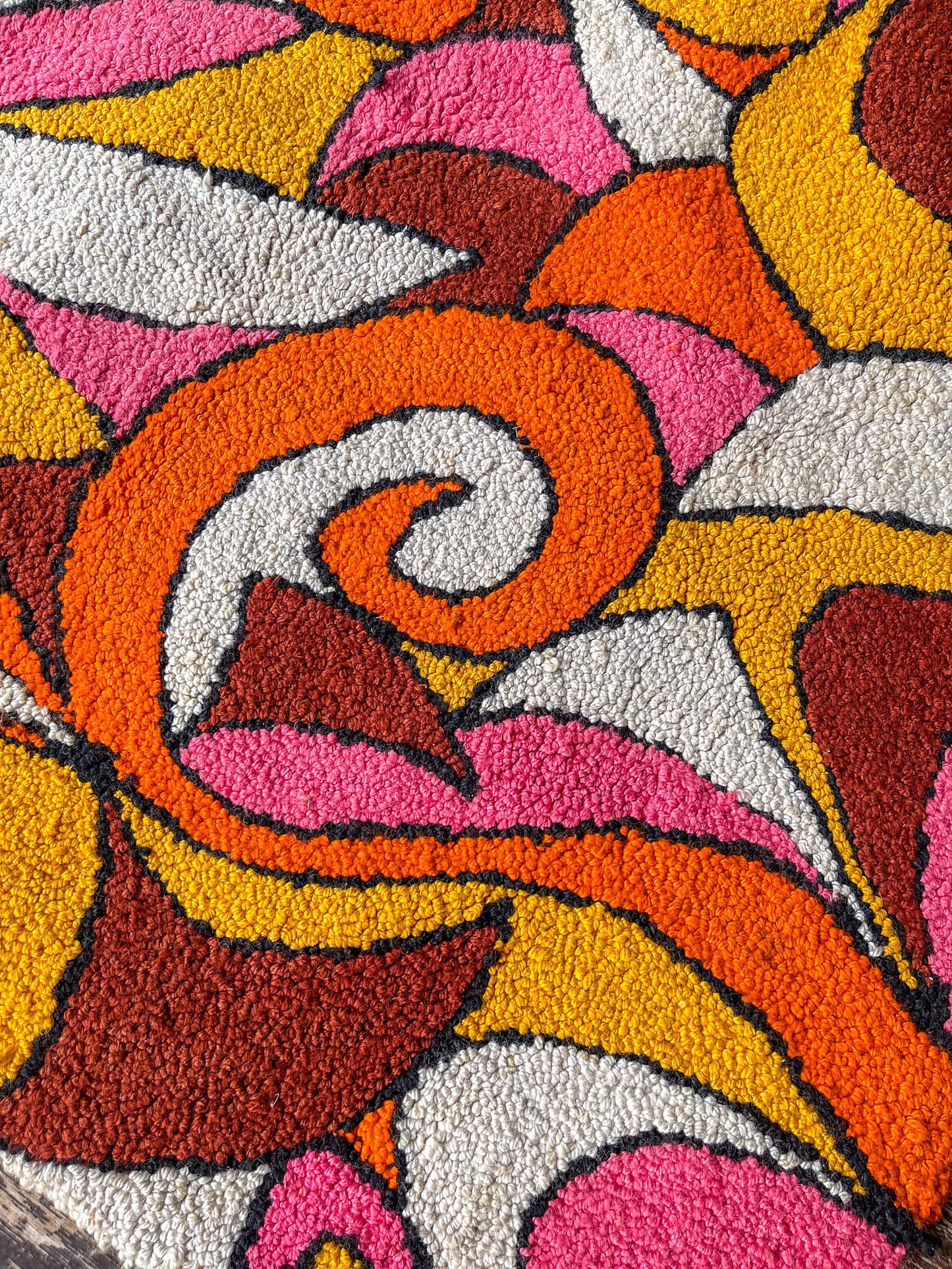 1960s Psychedelic Hook Rug Large Wool Pink and Orange Area Rug 60" x 37"