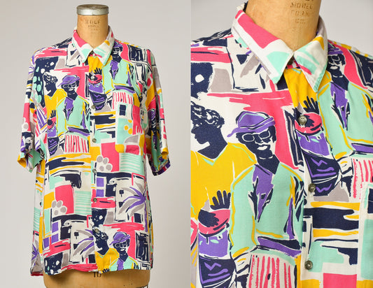 1980s Abstract African Drum Party Novelty Print Rayon Oversized Button Down Shirt