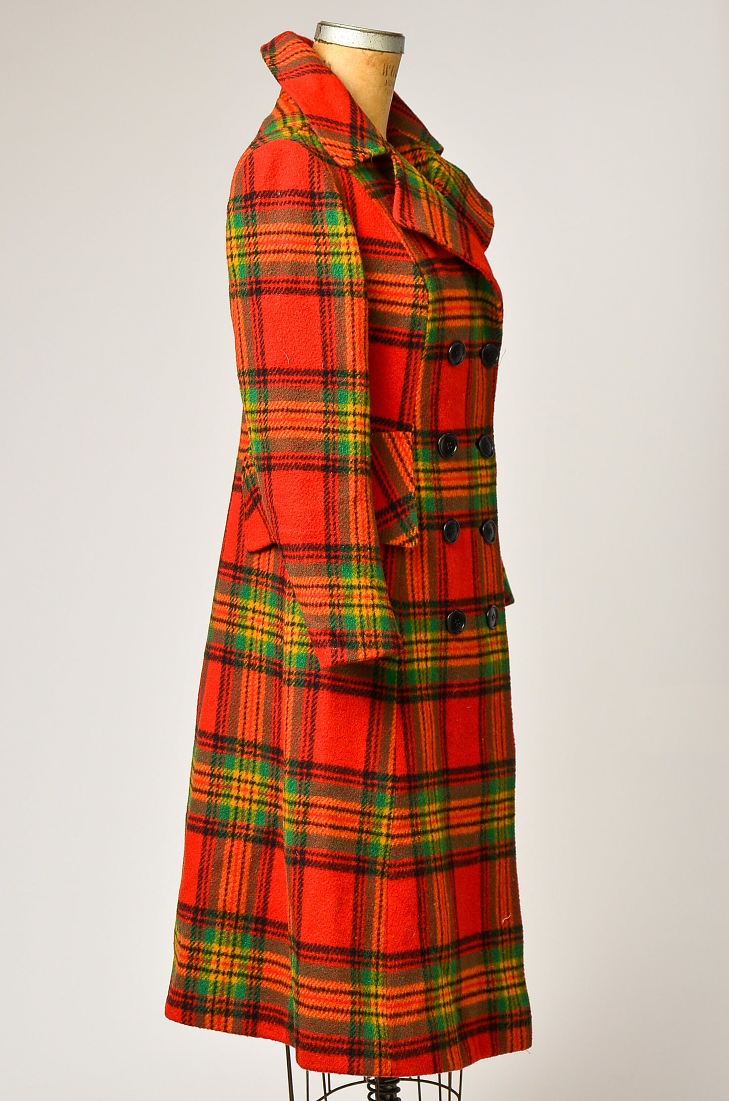 1970s Saks 5th Ave Red Tartan Wool Trench Coat