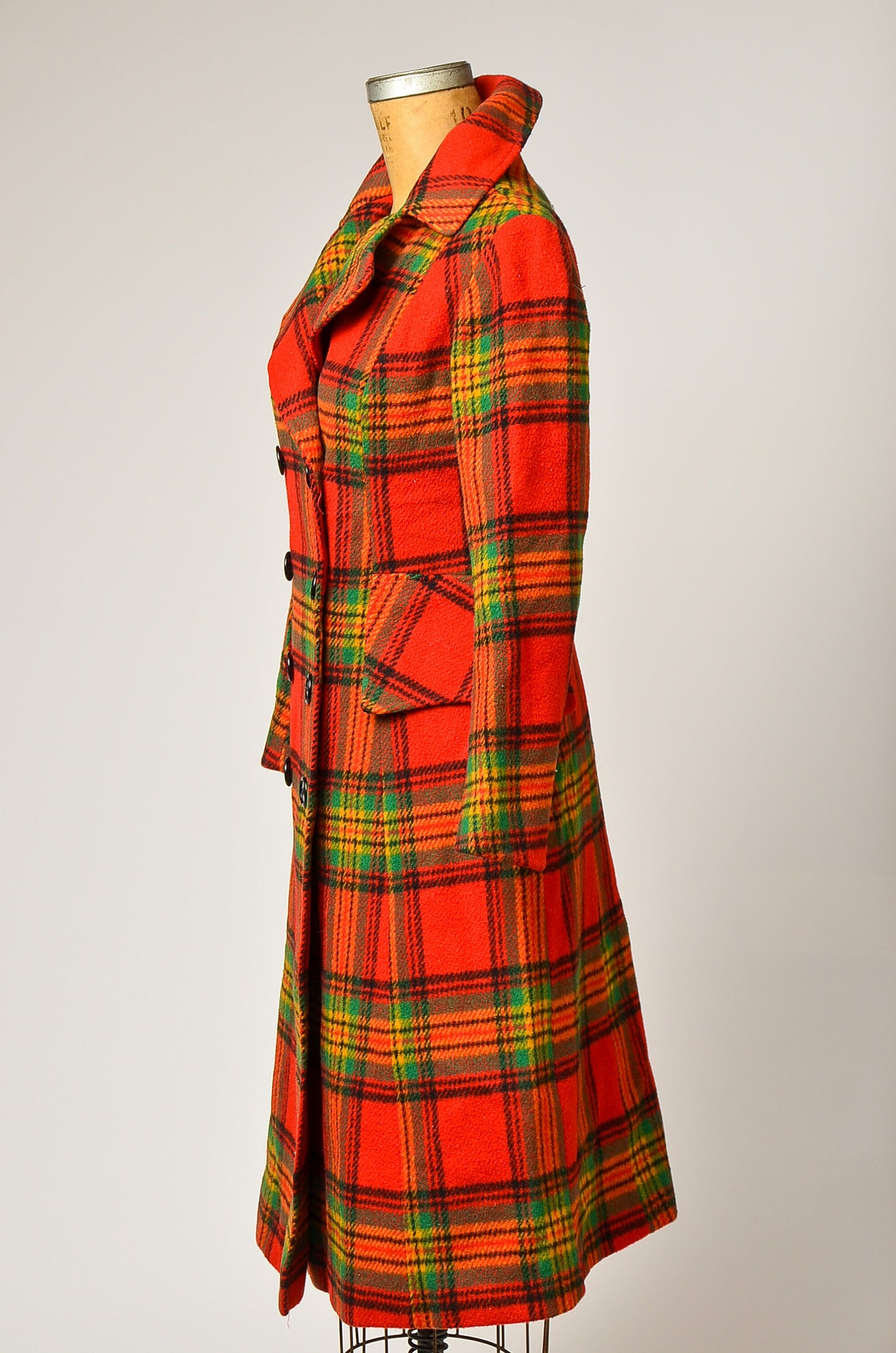 1970s Saks 5th Ave Red Tartan Wool Trench Coat