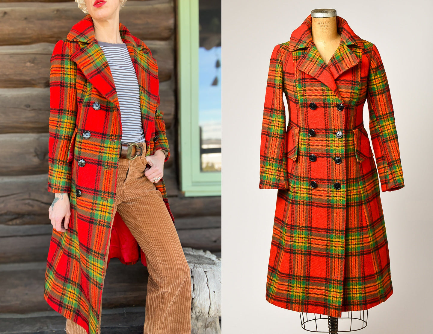 1970s Saks 5th Ave Red Tartan Wool Trench Coat