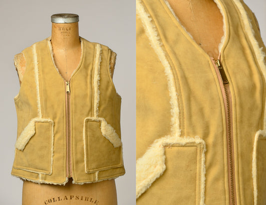 1970s Vegan Sheepskin Vest Shearling Lined Two Pocket Outdoor Zip Up Vest