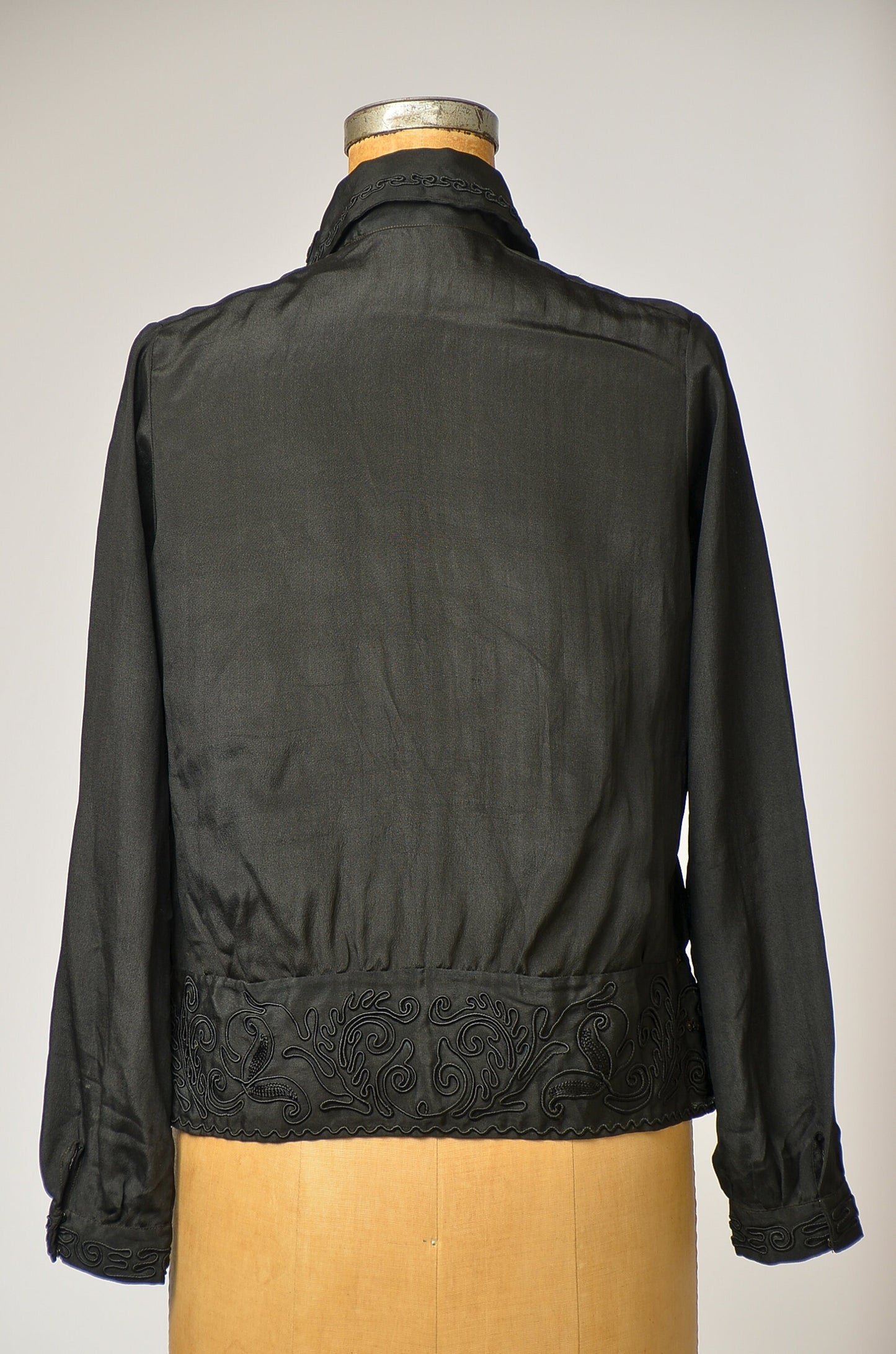 1920s Art Deco Blouse Black Silk Long Sleeve Formal Shirt