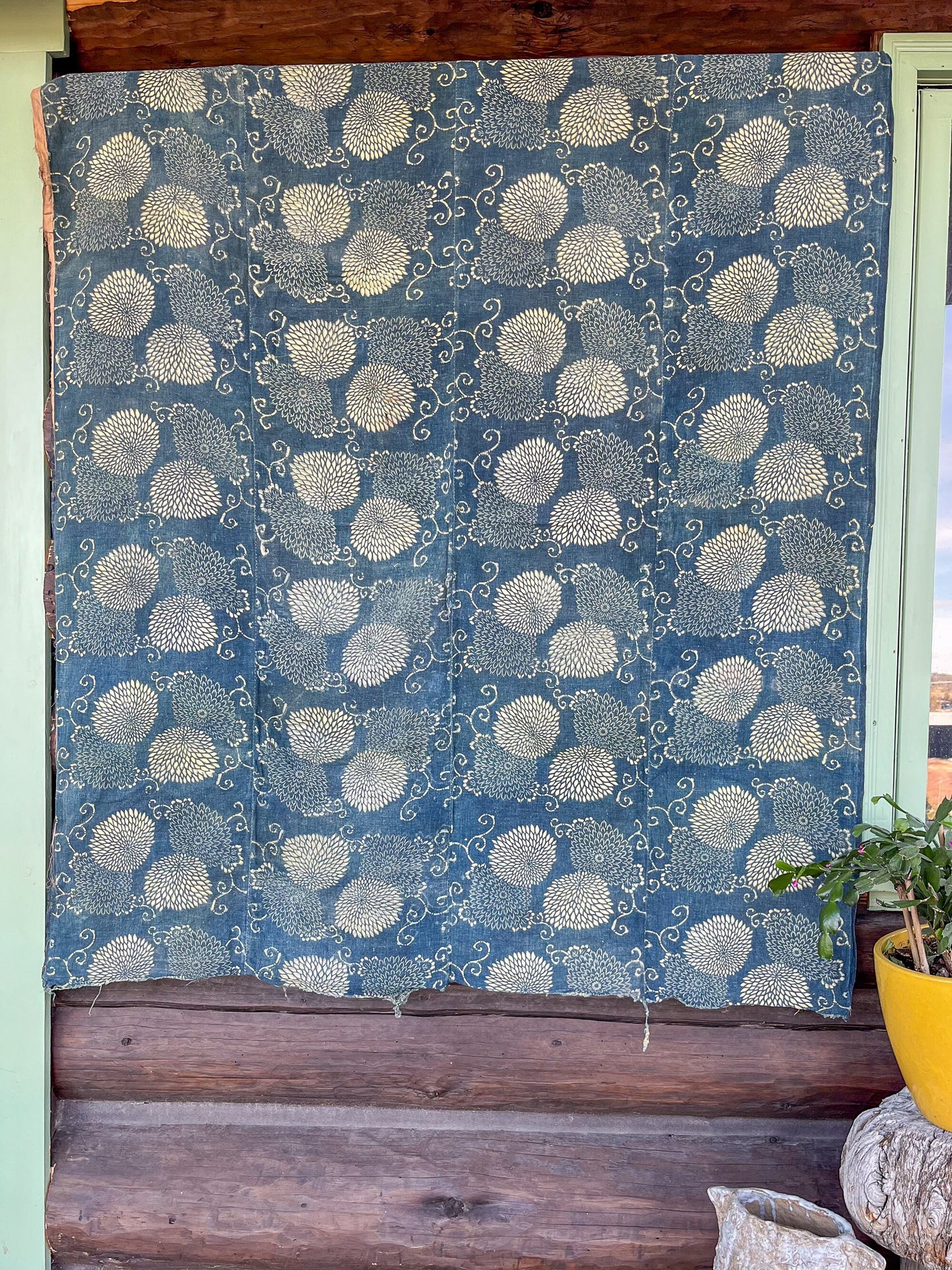 Antique Japanese Indigo Chrysanthemum Pattern Boro Hand Dyed Textile 58 x 52