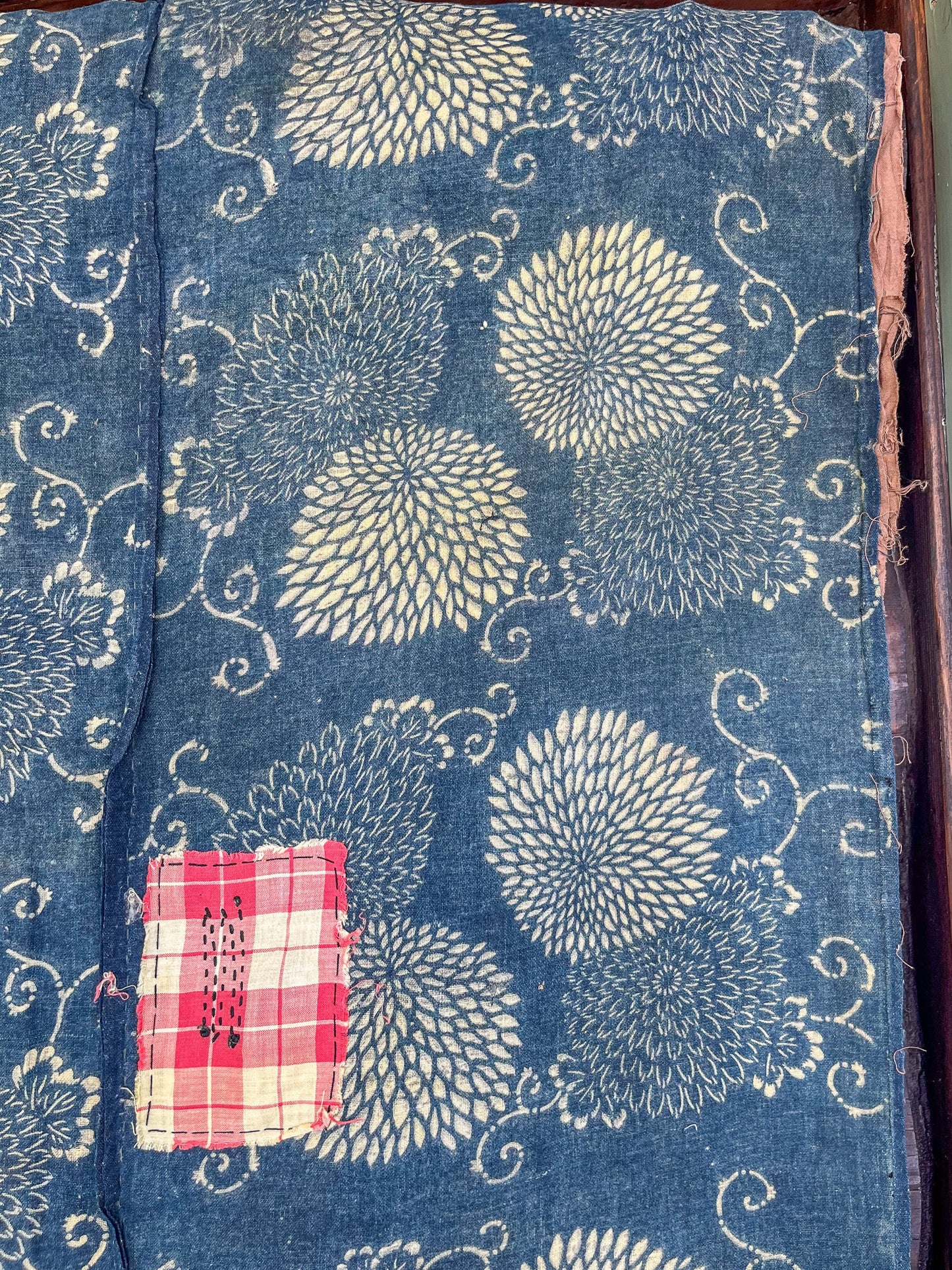 Antique Japanese Indigo Chrysanthemum Pattern Boro Hand Dyed Textile 58 x 52