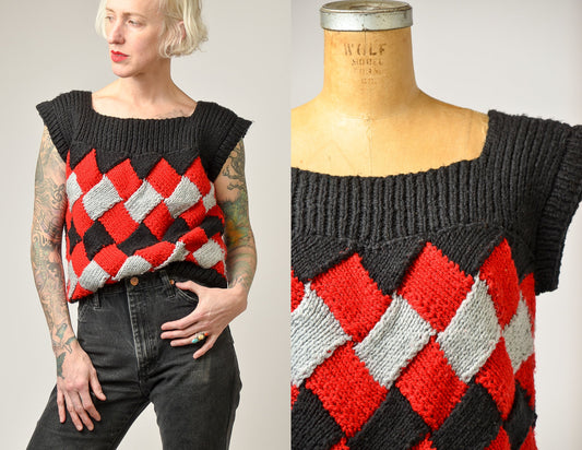 Vintage Basket Weave Sweater Black and Red Short Sleeve Knit Top