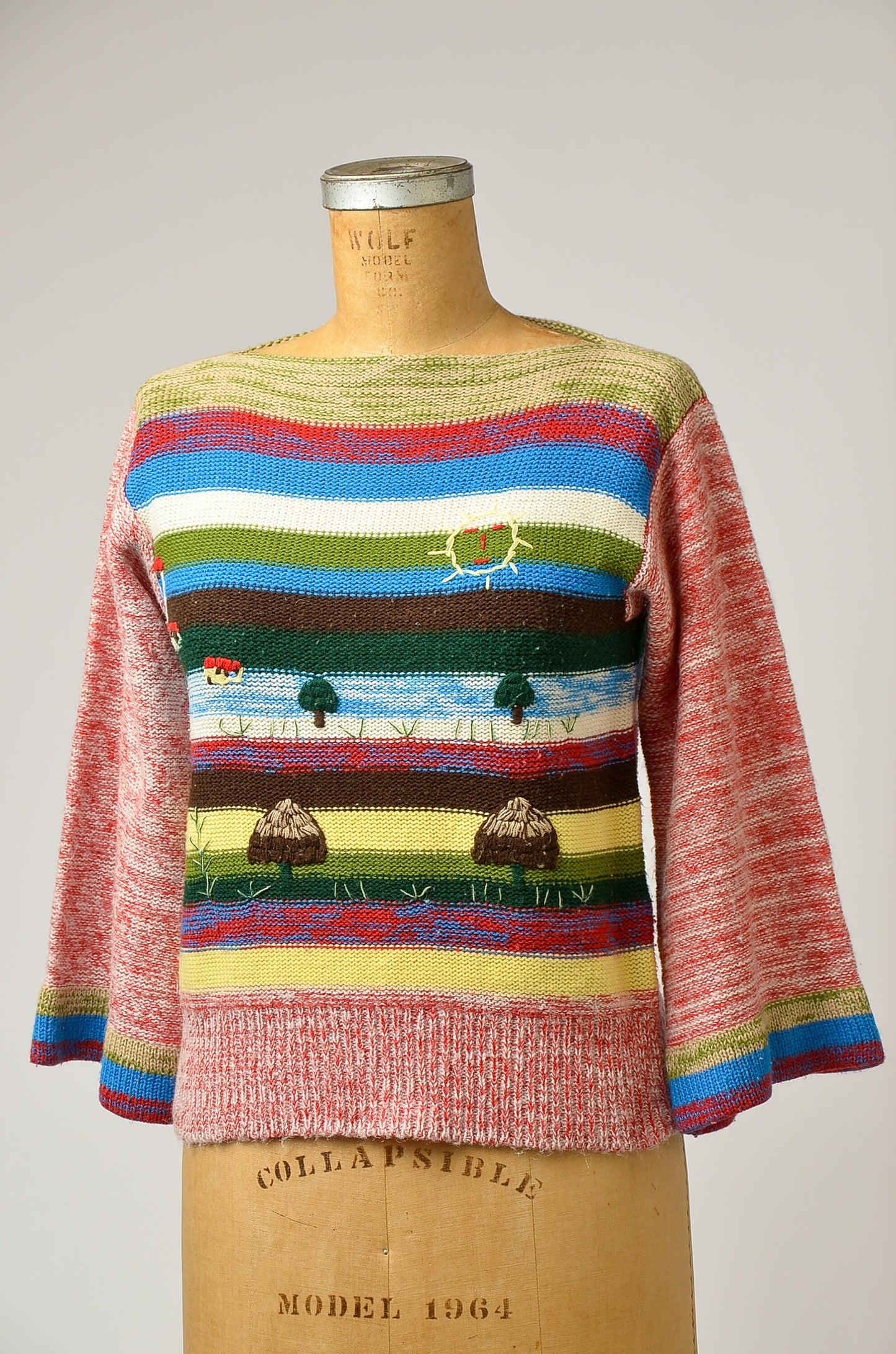 1970s Novelty Sweater Mushroom Sunshine Picture Knit Bell Sleeve Hippie Sweater