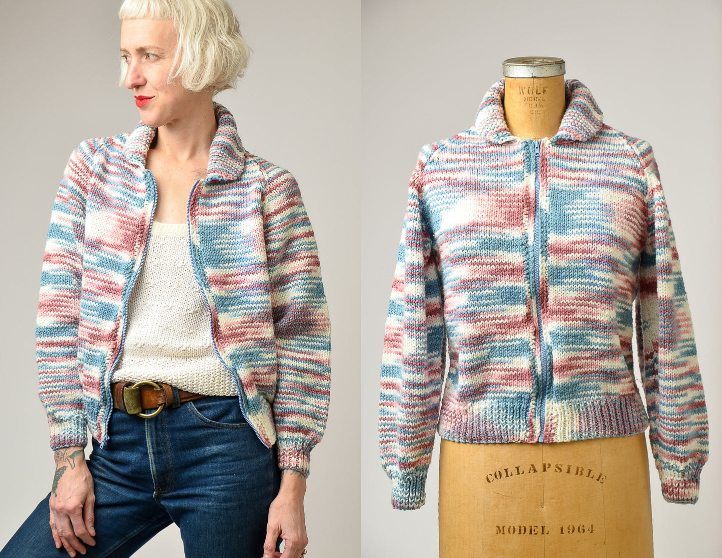 1970s Space Dye Sweater Pink and Grey Bomber Style Knit