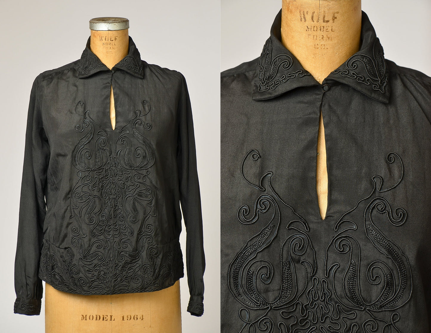 1920s Art Deco Blouse Black Silk Long Sleeve Formal Shirt