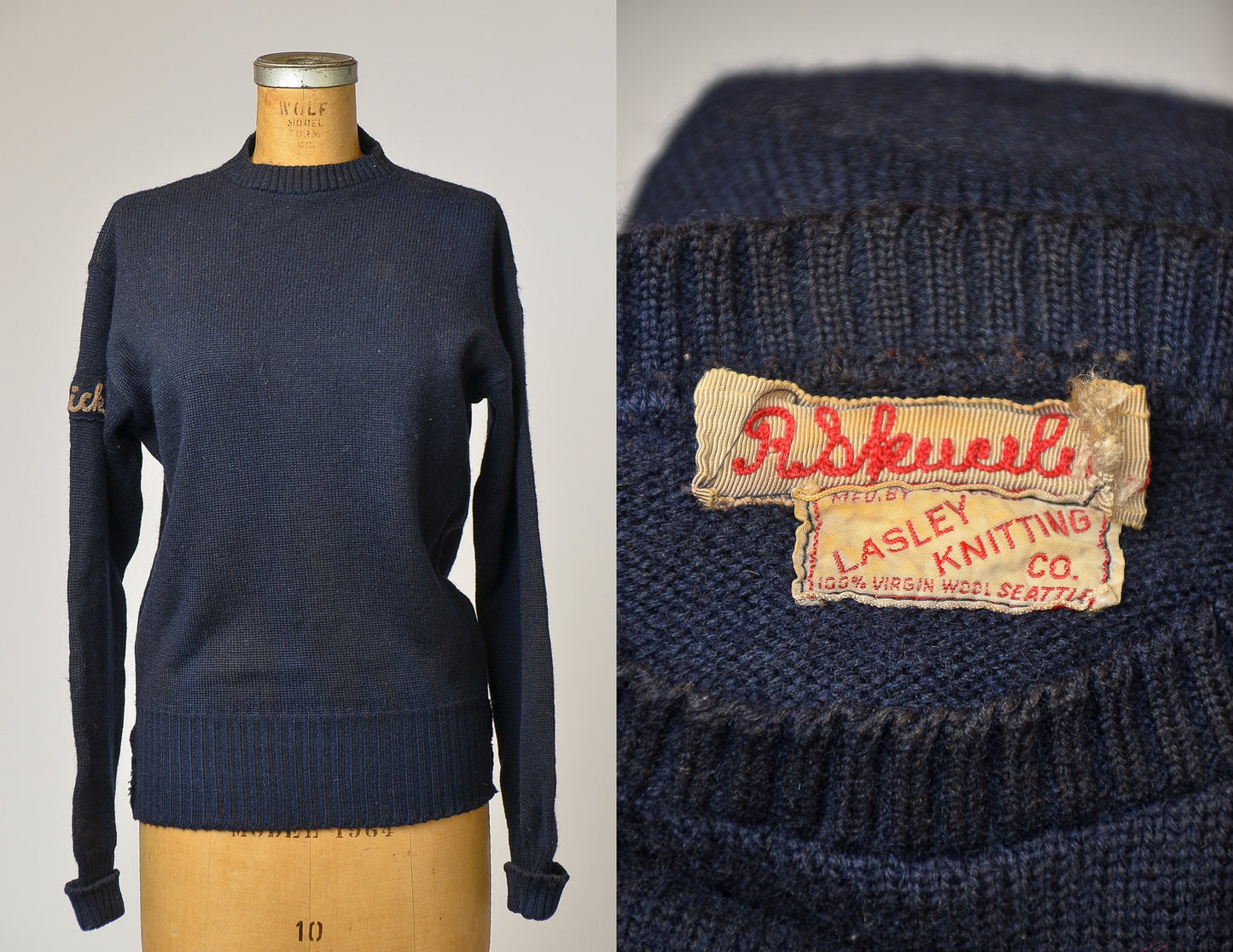 1940s School Sweater Navy Blue Wool Knit Sweater Lasley Knitting Co