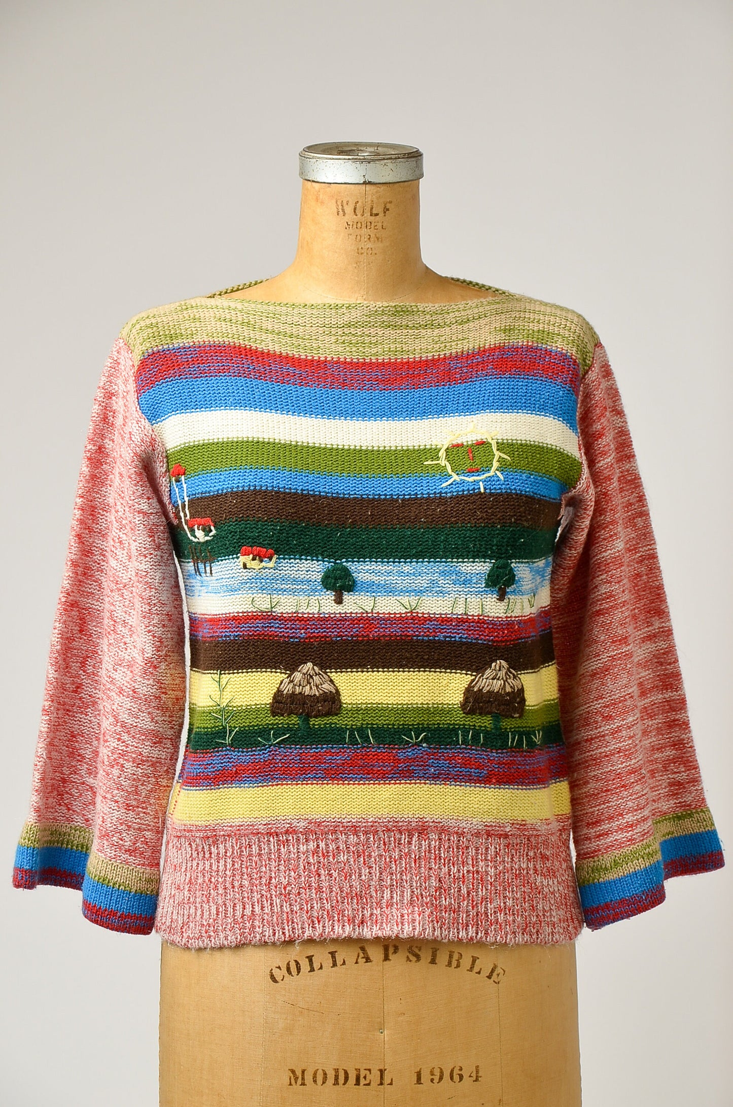 1970s Novelty Sweater Mushroom Sunshine Picture Knit Bell Sleeve Hippie Sweater