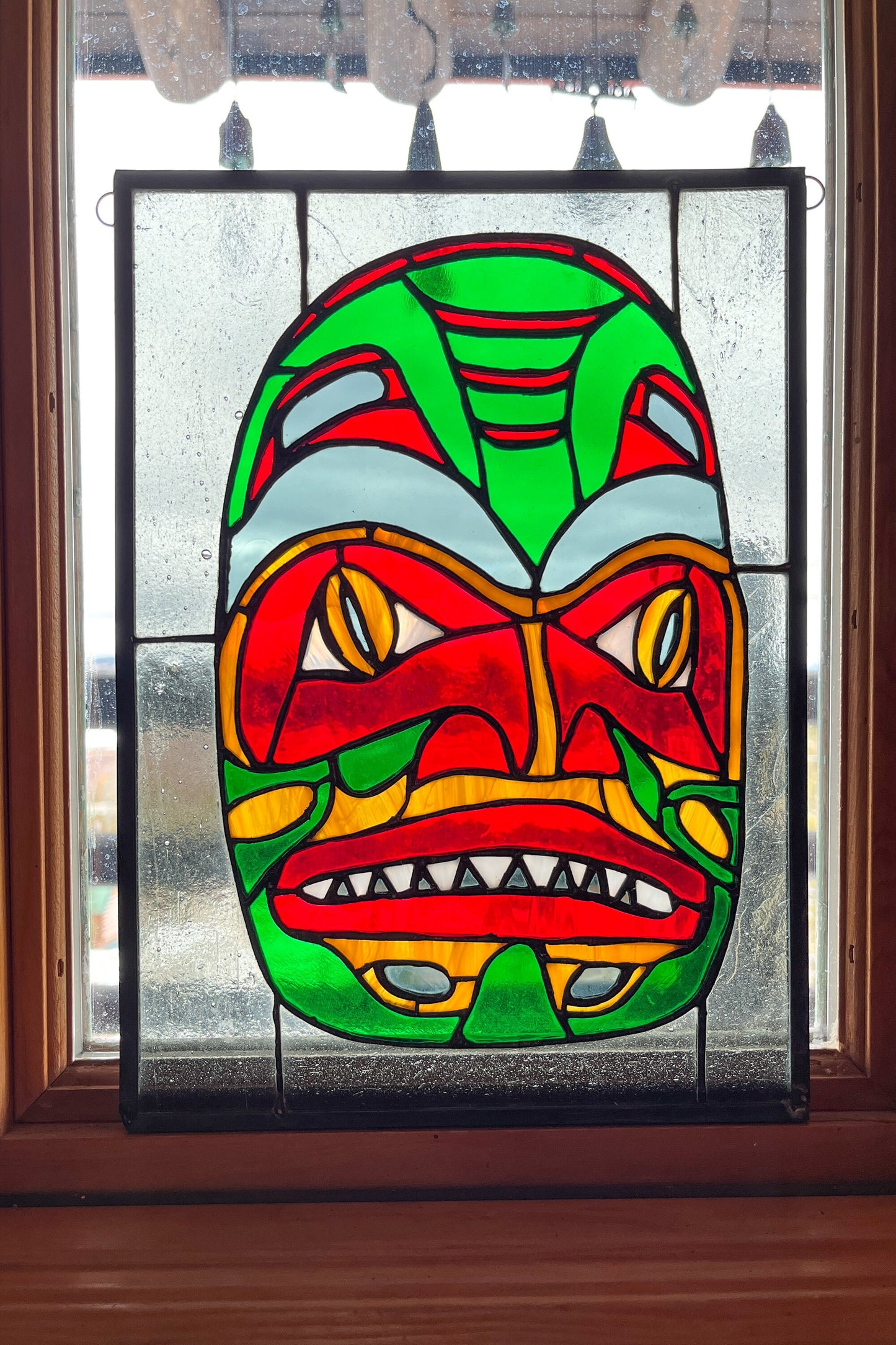 Vintage Stained Glass Native American Totem Pole Character Window Hanging