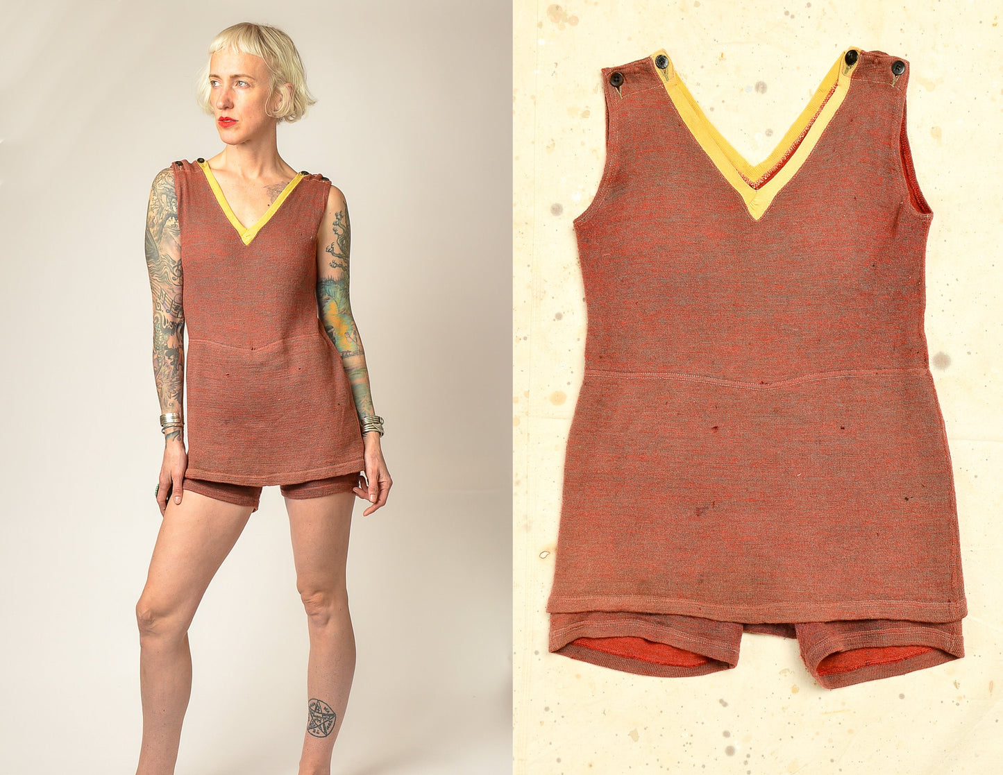 1920s Wool Swimsuit Orange and Yellow One Piece Swim Playsuit