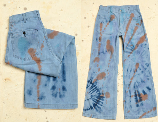 Vintage Seafarer Hippie Bell Bottoms High Waisted Tie Dye Sailor Jeans 28 x 29