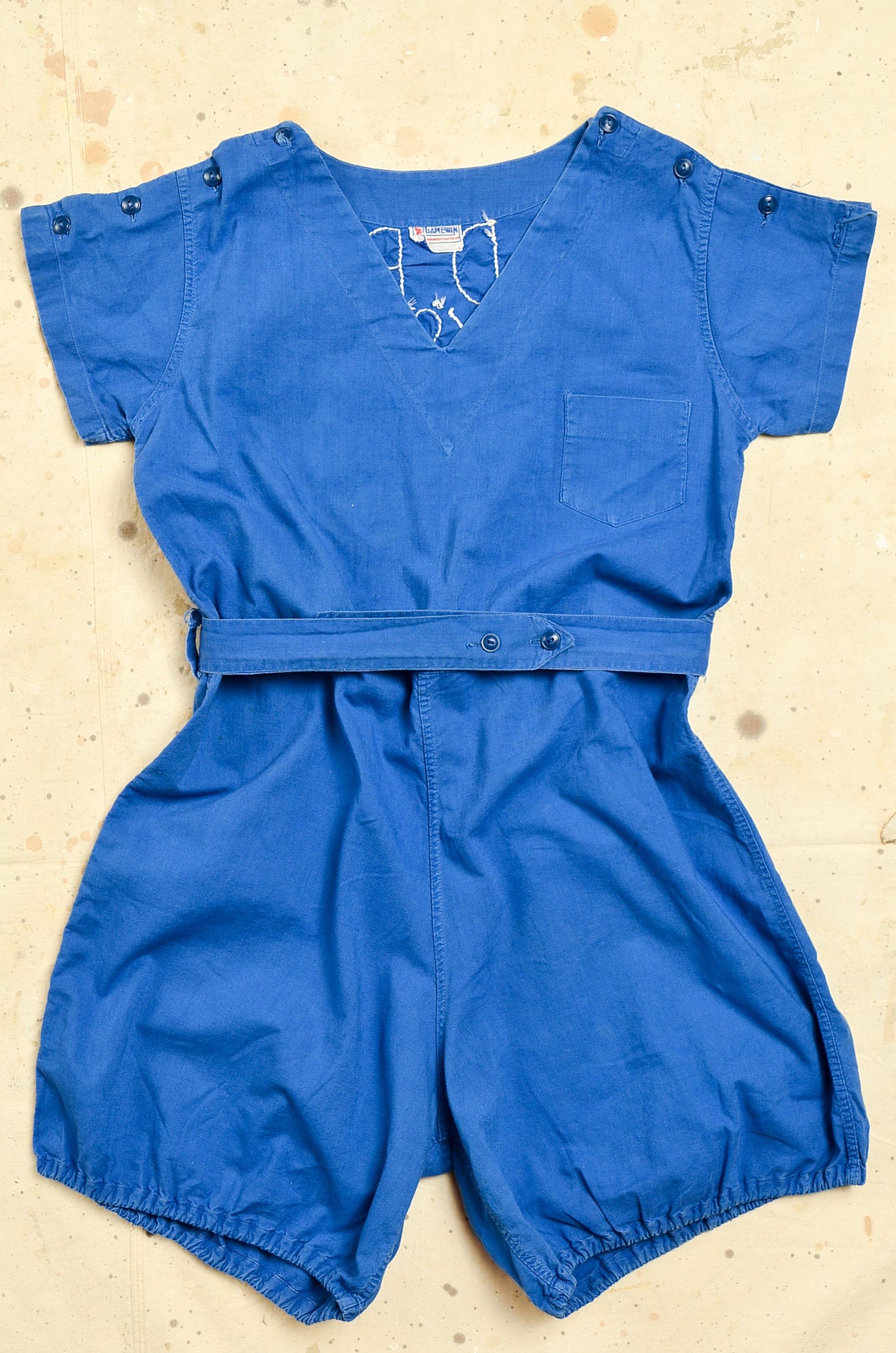 1920s Ladies Gymsuit Blue Cotton Belted Jumpsuit