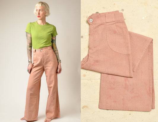 1970s Dusty Pink Bell Bottoms High Waisted Linen Feel Wide Leg Trousers 28 x 31