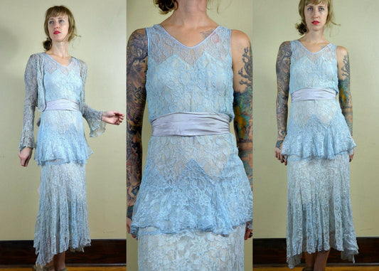 1920s Powder Blue Lace Dress with Bell Sleeve Jacket and Evening Gown STUNNING